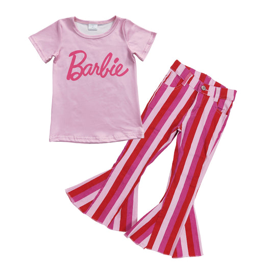 GSPO0806 Pink BA top stripes print bell bottom jeans girls clothes set
