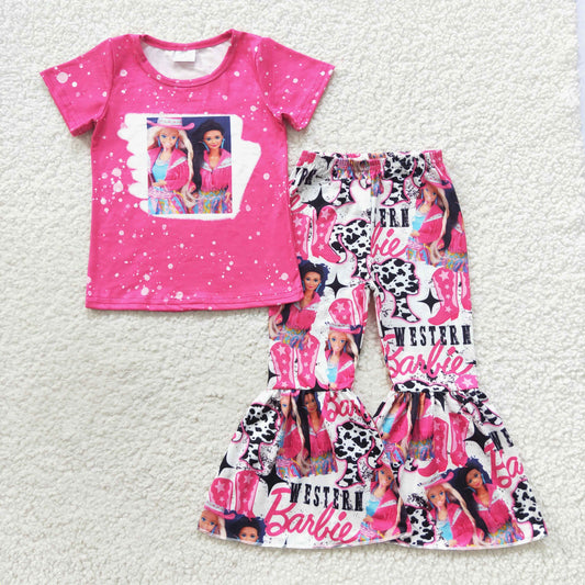 GSPO0808 Hot pink BA print girls western clothes set