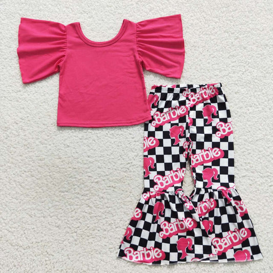 GSPO0809 Hot pink cotton top pink BA bell pants girls clothes set