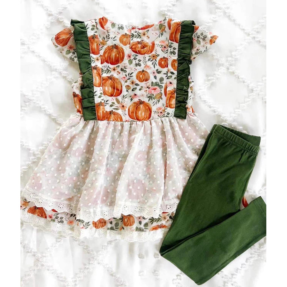 GSPO0810 Pumpkin with lace tunic top green legging pants girls fall clothes set