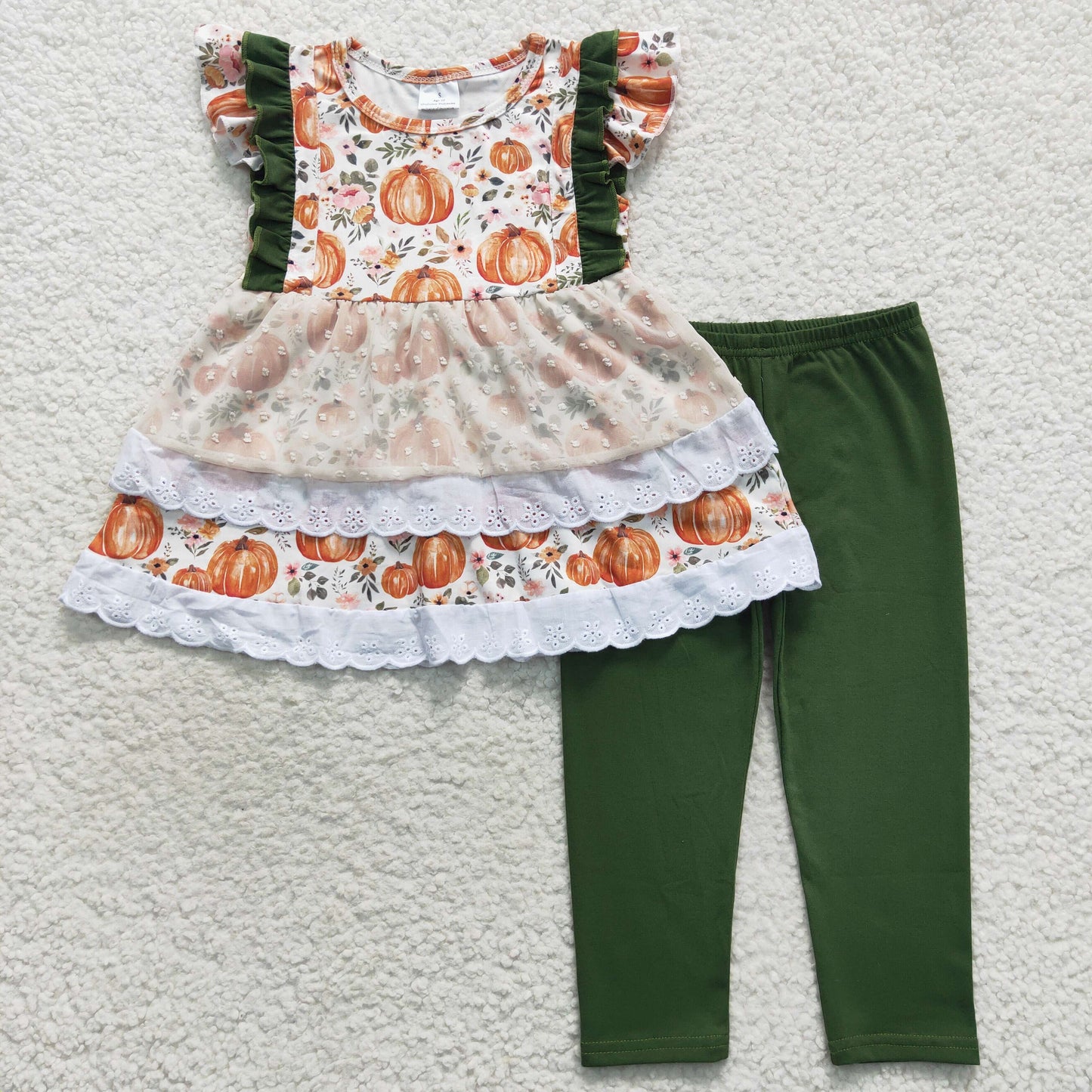 GSPO0810 Pumpkin with lace tunic top green legging pants girls fall clothes set