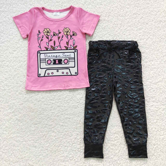 GSPO0816 Pink flowers top black leopard pleather legging pants girls clothes set