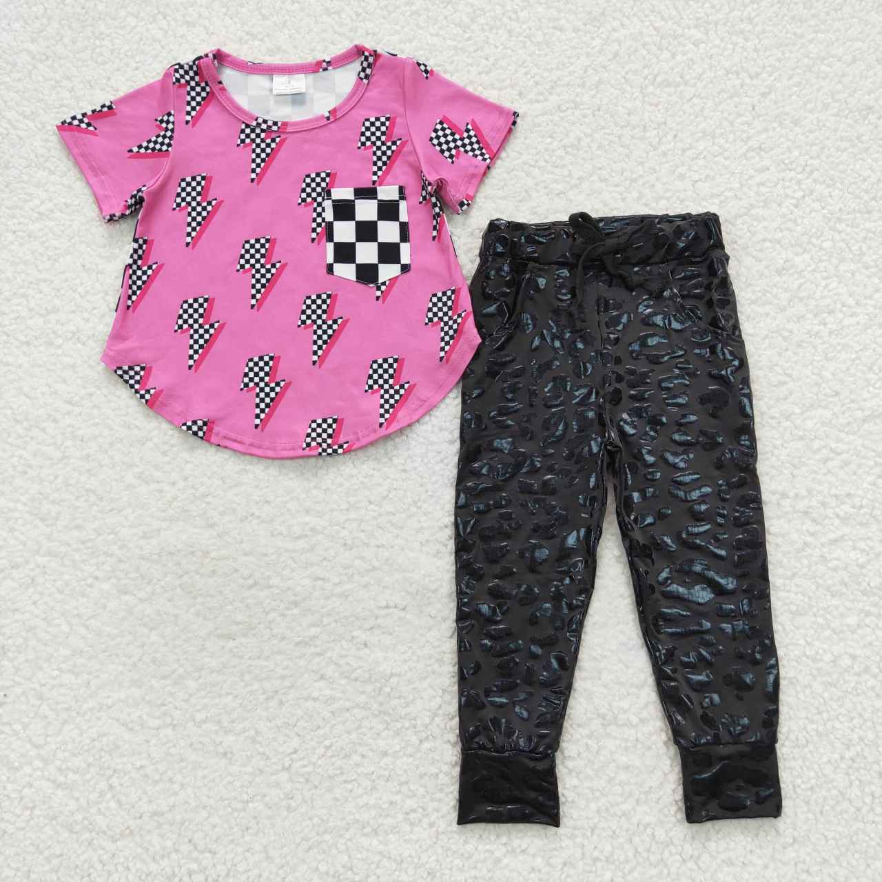 GSPO0817 Black plaid pocket pink Tee shirts top leopard pleather legging pants girls clothes set