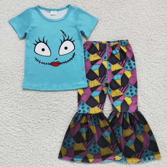 GSPO0821 Blue Halloween character face print girls bell pants clothes set