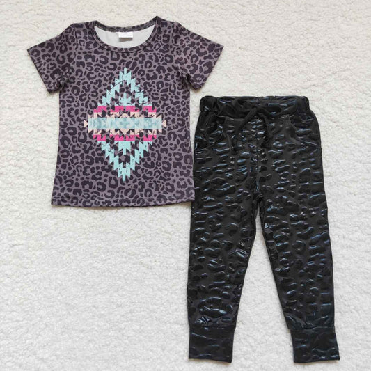 GSPO0822 Black leopard aztec print top black leopard pleather legging pants girls clothes set