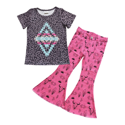 GSPO0824 Black leopard aztec print top hot pink cow print denim bell bottom jeans girls western clothes set