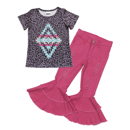 GSPO0825 Black leopard aztec print top hot pink denim bell bottom jeans girls western clothes set