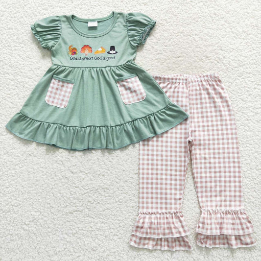 GSPO0827 God is great God is good print girls Thanksgiving clothes set