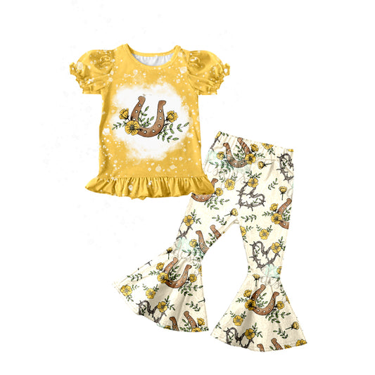 (Pre-order)GSPO0828 Horse shoes yellow flowers print bell pants girls western clothes set