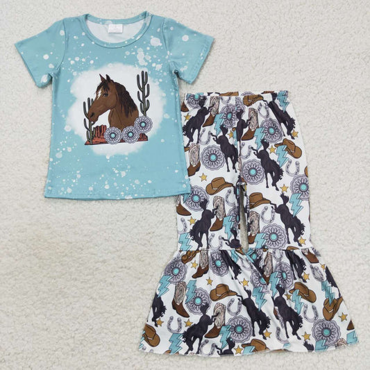 GSPO0831 Horse cactus print bell pants girls western clothes set