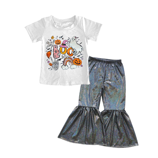 GSPO0833 Boo pumpkin ghost top holographic spandex bell pants girls Halloween clothes set