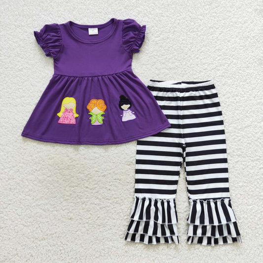 GSPO0834 Purple witches embroidery print tunic top ruffle pants girls Halloween clothes set