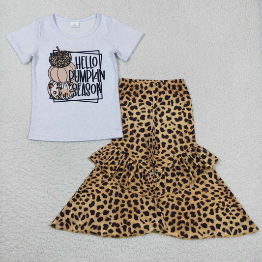 GSPO0836 Hello pumpkin season print girls leopard bell pants clothes set