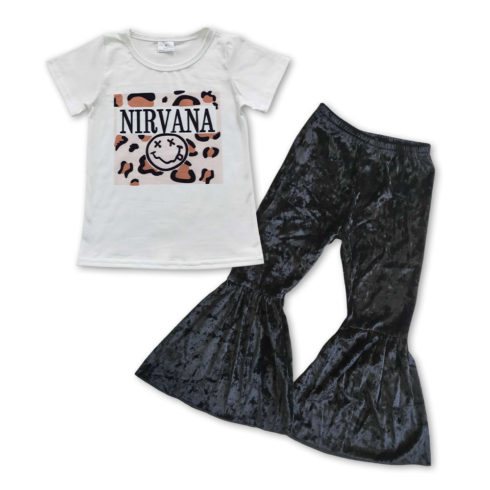 GSPO0839 Nirvana leopard top black velvet bell bottom pants girls clothes set