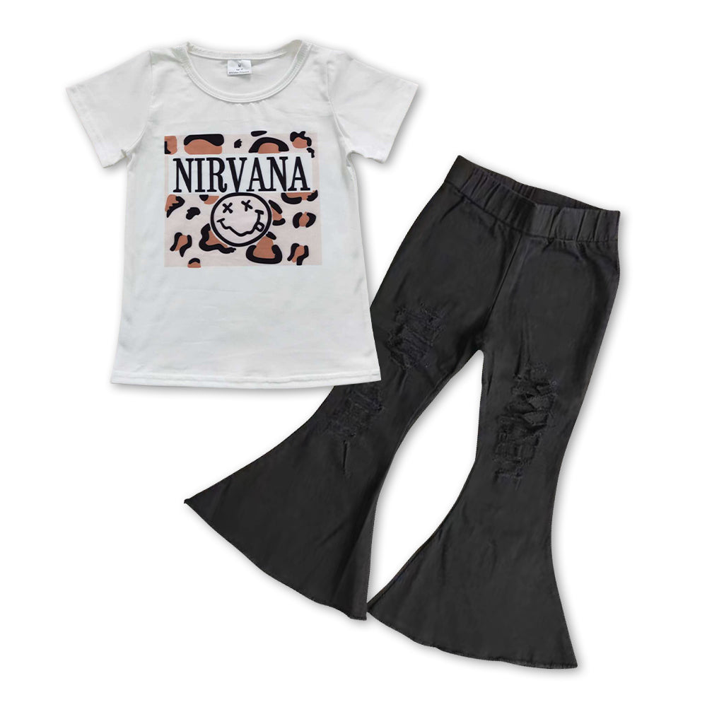 GSPO0841 Nirvana leopard top black bell jeans girls clothes set