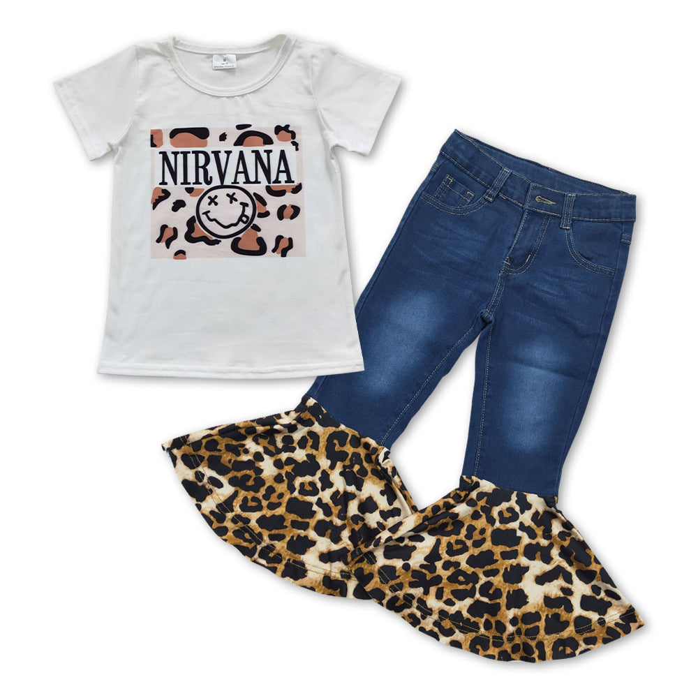 GSPO0842 Nirvana leopard top blue denim bell ruffle jeans girls clothes set