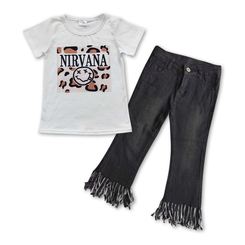 GSPO0843 Nirvana leopard top black tassels jeans girls clothes set