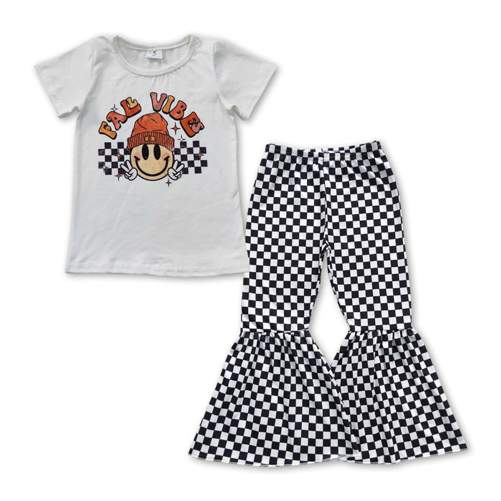 GSPO0844 Smile print fall tee shirts top black gingham bell bottom pants girls outfits