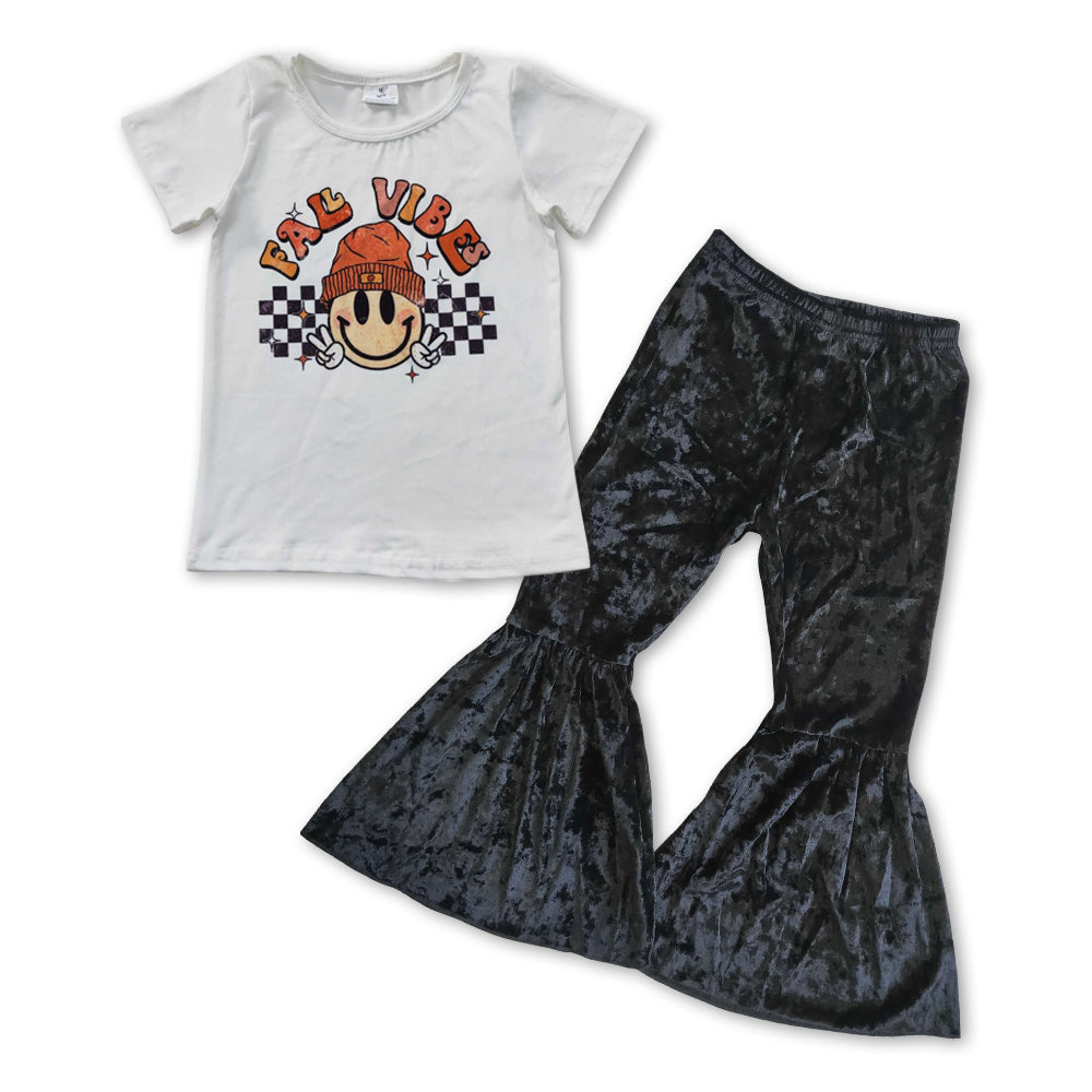 GSPO0845 Smile print fall tee shirts top black velvet bell bottom pants girls clothes set