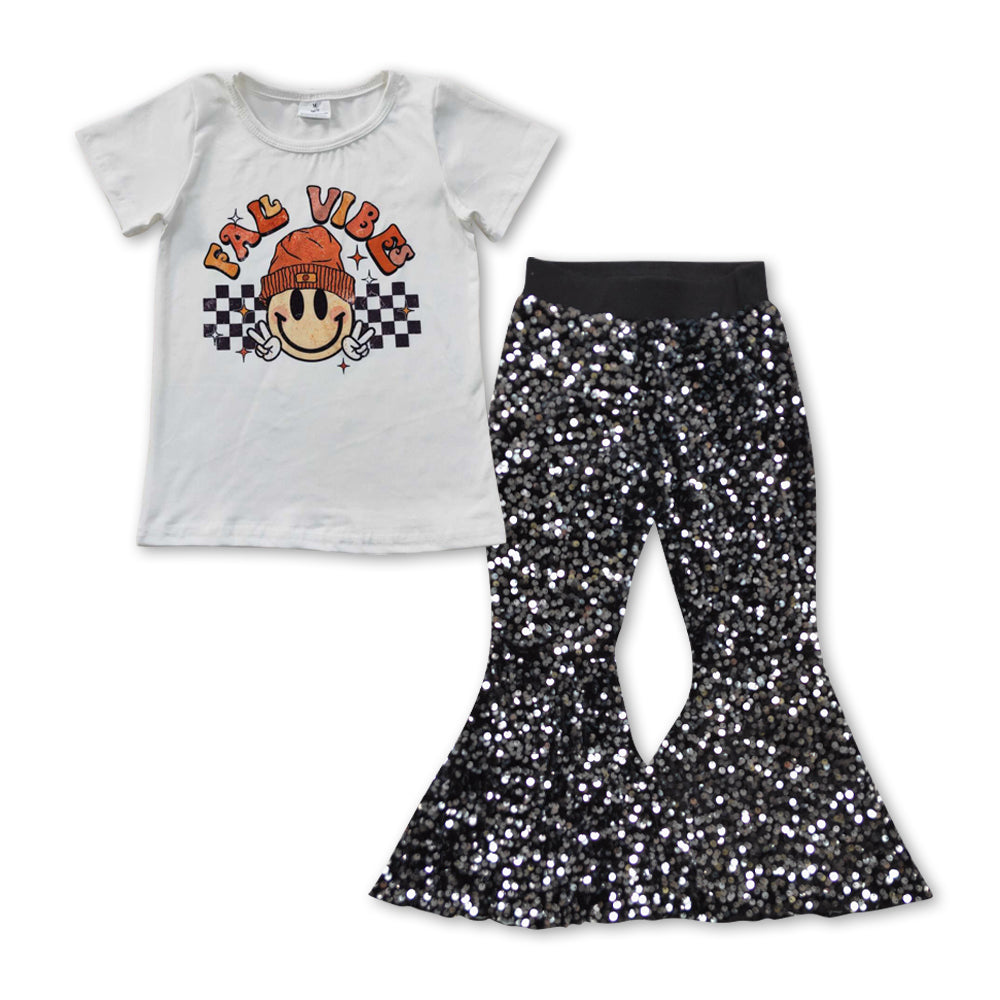 GSPO0847 Smile print fall tee shirts top black sequined bell bottom pants girls clothes set