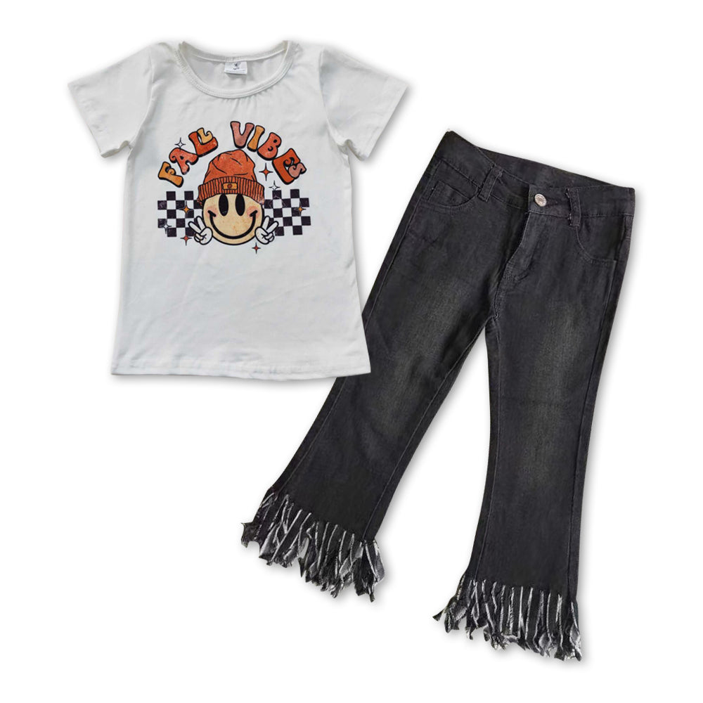 GSPO0849 Smile print fall tee shirts top black tassels jeans girls clothes set