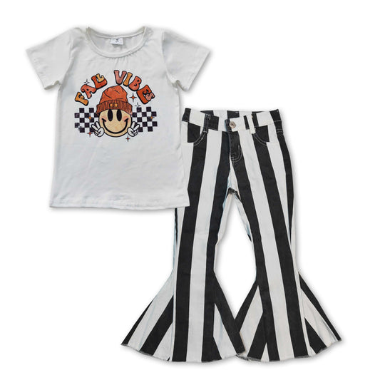 GSPO0850 Smile print fall tee shirts top bell bottom black stripes print jeans girls clothes set