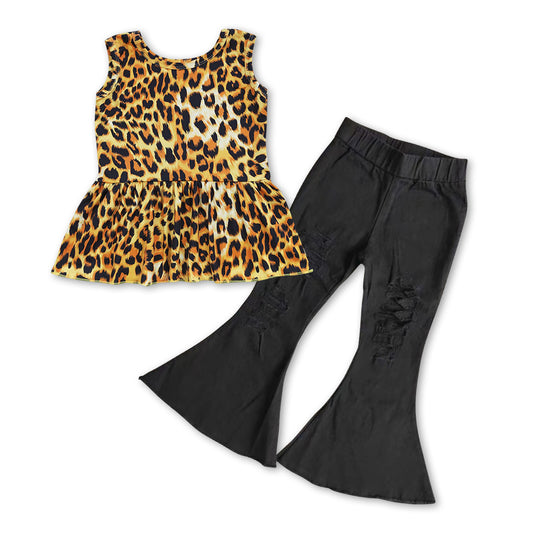 GSPO0855 Leopard top black bell jeans girls clothes set