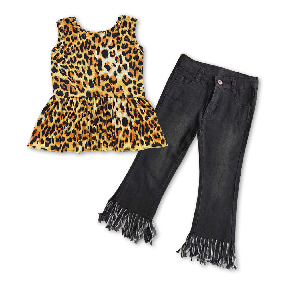 GSPO0856 Leopard top black tassels jeans girls clothes set