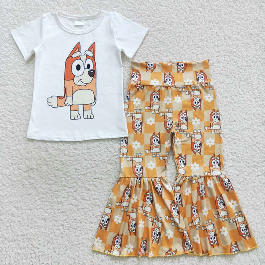 GSPO0860 Orange cartoon dog bell pants girls clothes set