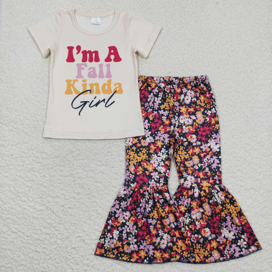 GSPO0862 I'm a fall kinda girl print flowers bell pants clothes set