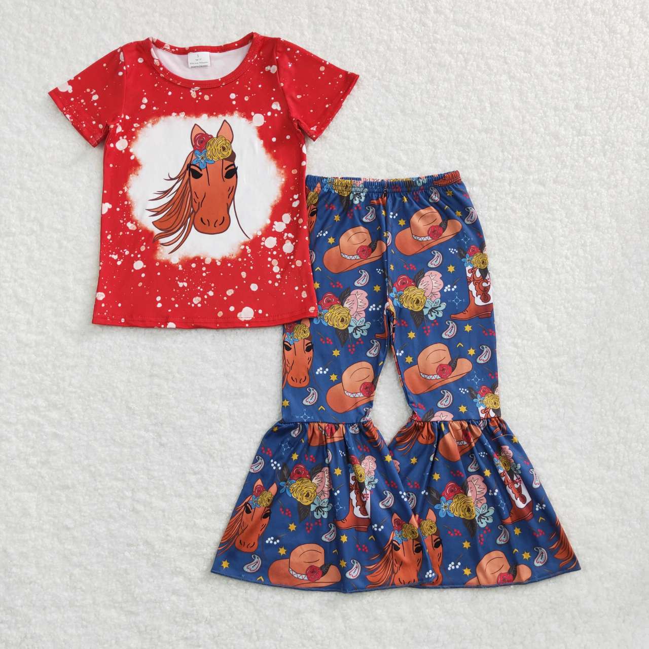 GSPO0869 Horse Flowers Print Bell Pants Girls Western Clothes Set