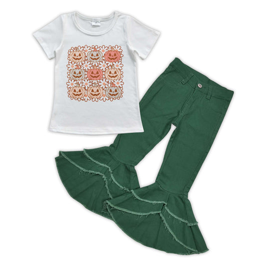 GSPO0871 Pumpkin flowers print top green denim double ruffles bell bottom jeans girls Halloween clothes set