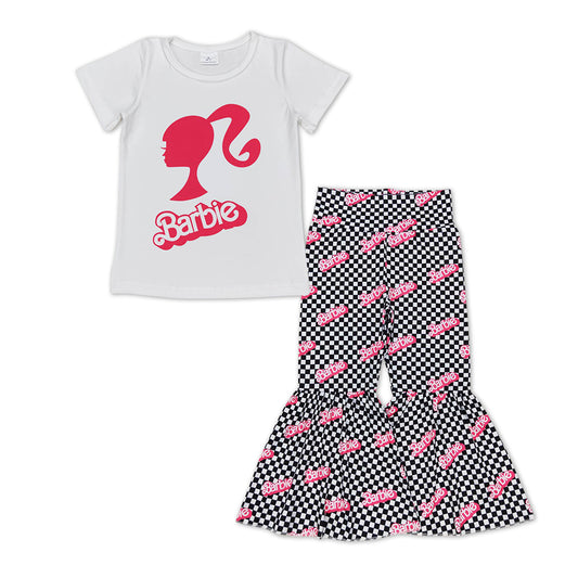 GSPO0877 Pink BA black plaid bell pants girls clothes set