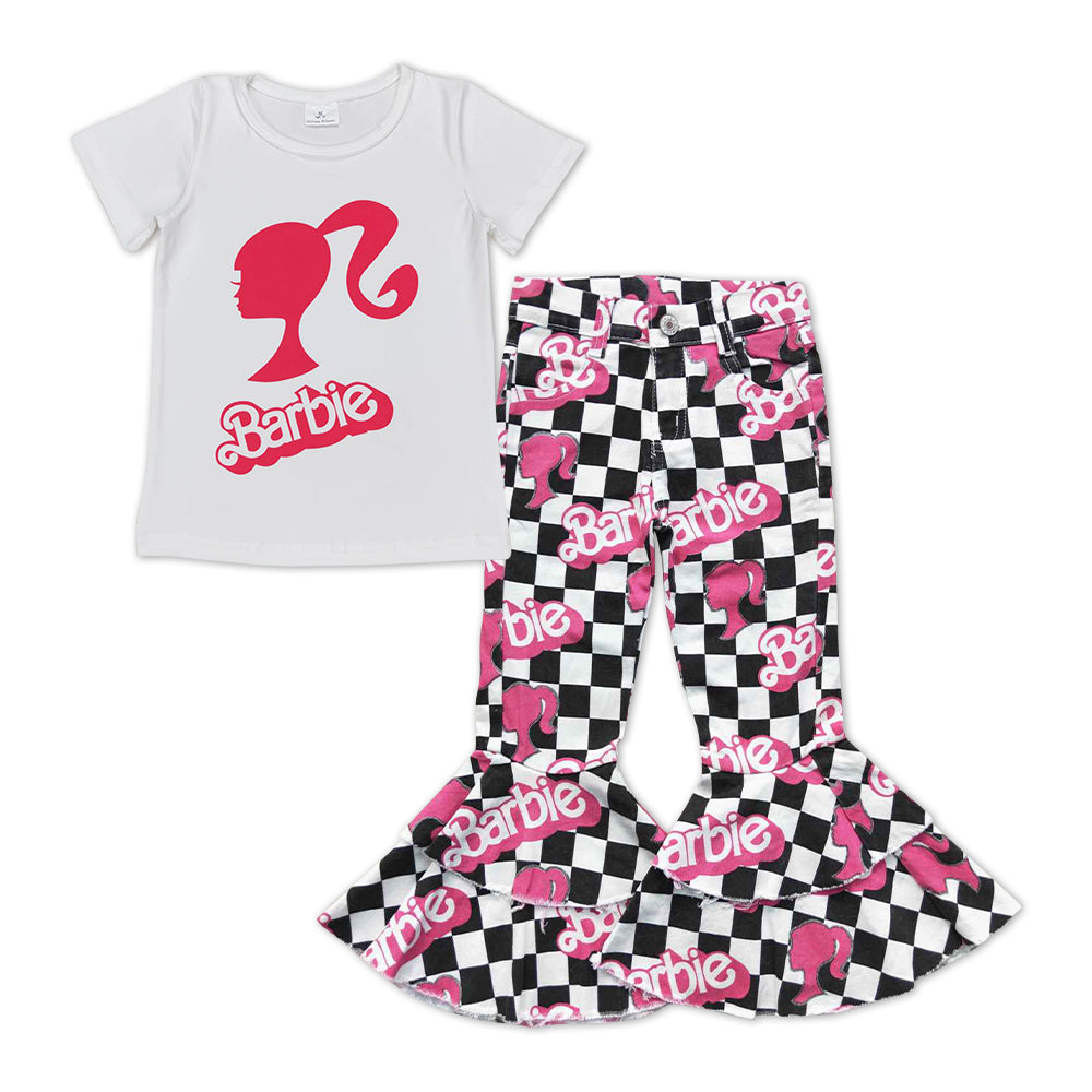 GSPO0879 Pink BA black plaid denim bell jeans girls clothes set