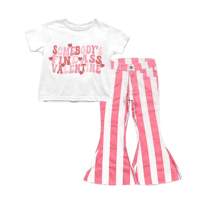 (Pre-order)GSPO0881 Pink stripes denim bell jeans girls Valentine's Day clothes set