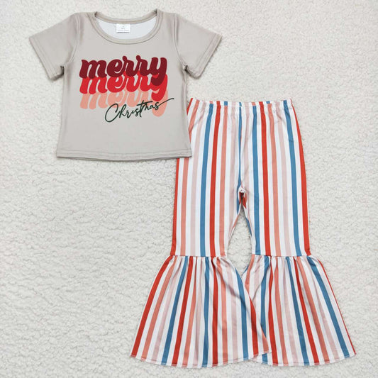 GSPO0882 Merry Christmas Girls Stripes Bell Pants Clothes Set