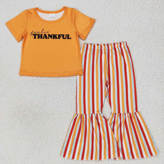 GSPO0883 Thankful Mustard Top Stripes Bell Pants Girls Fall Clothes Set