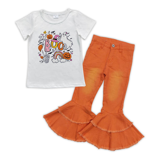 GSPO0889 Boo Pumpkin Ghost Print Top Orange Denim Bell Bottom Jeans Girls Halloween Clothes Set