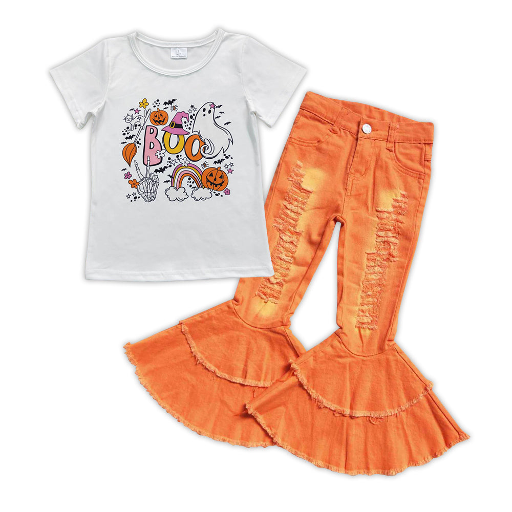 GSPO0890 Boo Pumpkin Ghost Print Top Orange Denim Hole Bell Bottom Jeans Girls Halloween Clothes Set
