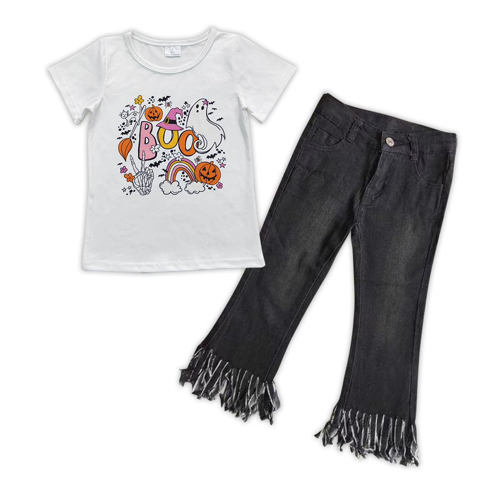GSPO0894 Boo Pumpkin Ghost Print Top Black Denim Tassels Jeans Girls Halloween Clothes Set