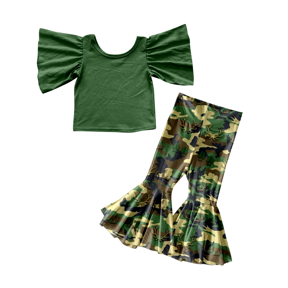 (Pre-order)GSPO0903 Dark Green Cotton Top Camo Bell Pants Girls Clothes Set