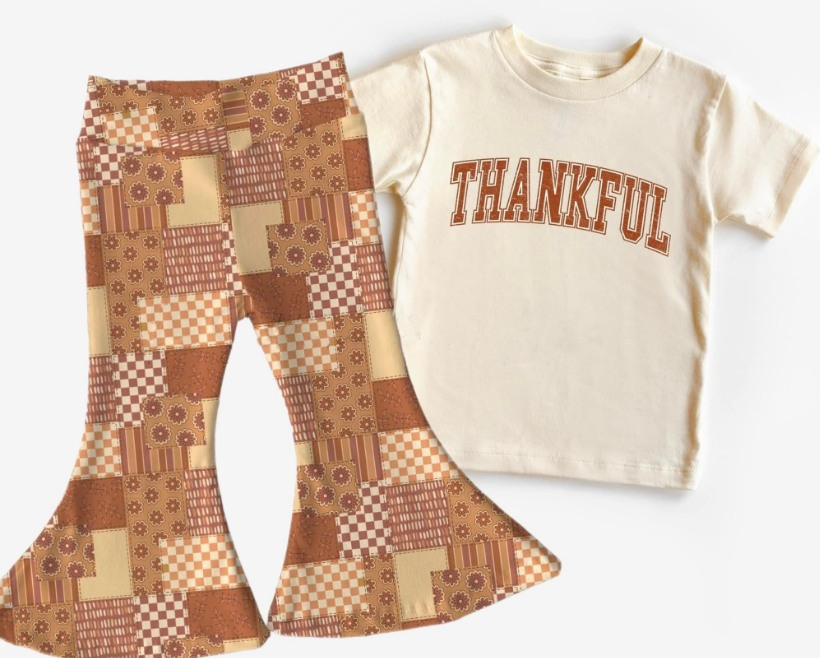 (Pre-order)GSPO0904 Thankful Top Brown Bell Pants Girls Thanksgiving Clothes Set