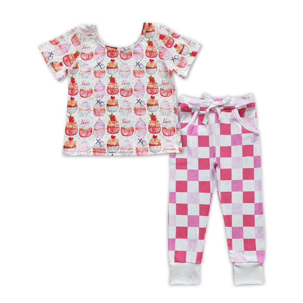 GSPO0909 Pink Cupcake Top Plaid Pants Girls Valentine's Day Clothes Set
