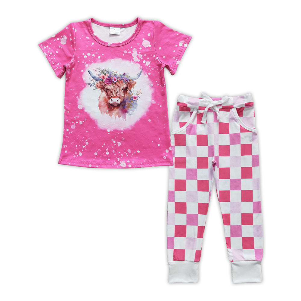 GSPO0910 Highland Cow Top Plaid Pants Girls Clothes Set