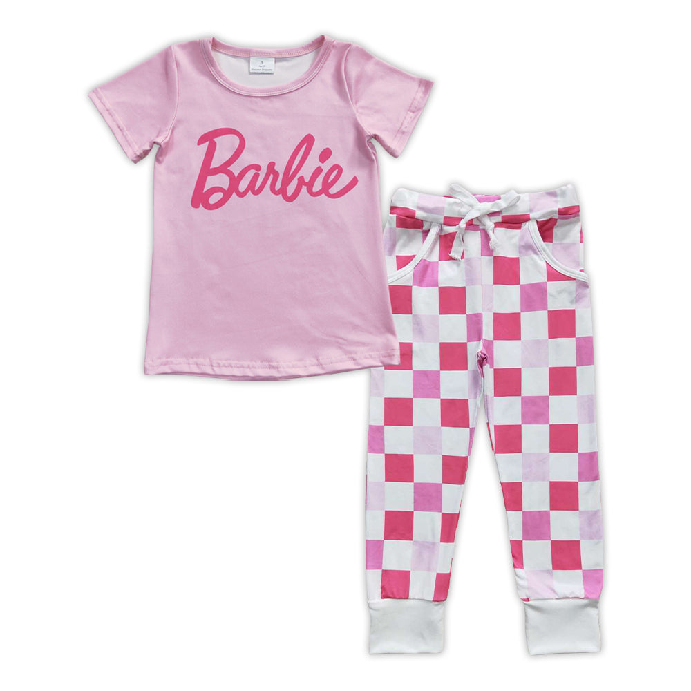 GSPO0911 Pink BA Top Plaid Pants Girls Clothes Set