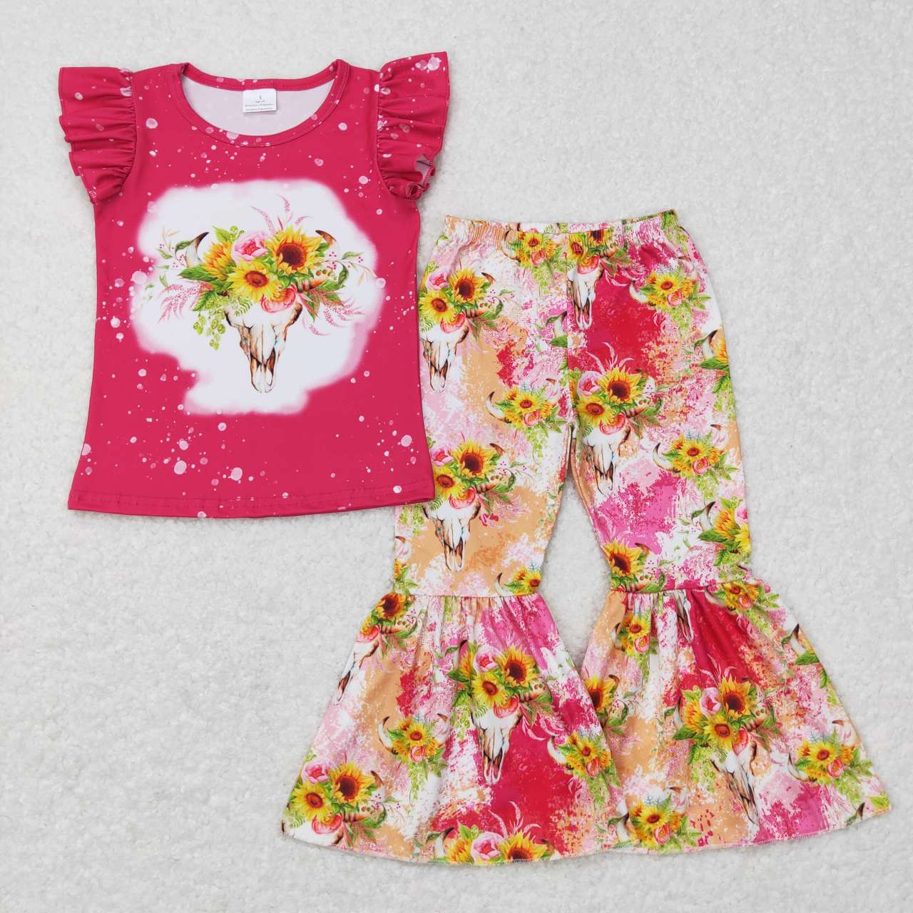 7 Colors Cow Skull Western Print Bell Pants Girls Clothes Set