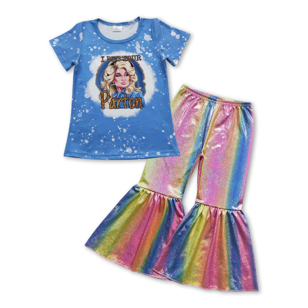 GSPO0919 Singer blue top rainbow bell pants girls clothes set