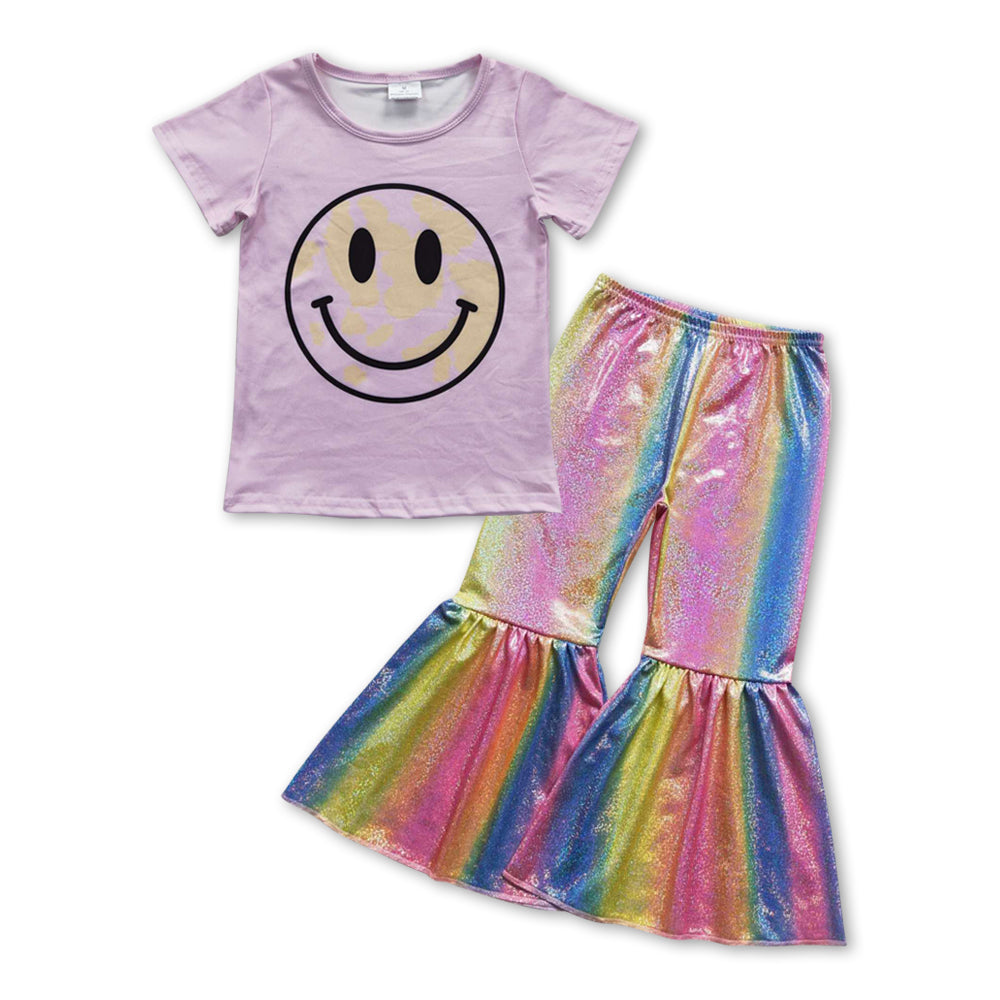 GSPO0918 Pink smiling top rainbow bell pants girls clothes set