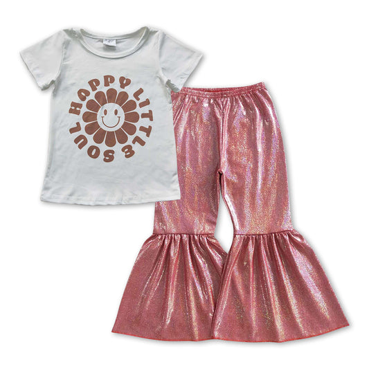 GSPO0920 Happy little soul smiling face top pink bell pants girls clothes set