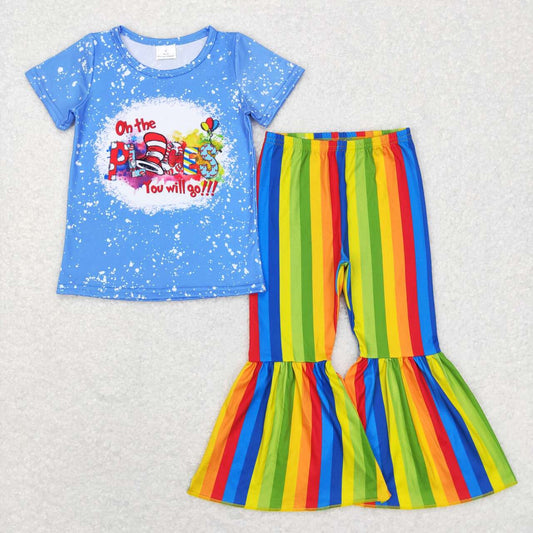 GSPO0924 Blue Dr. Reading Top Stripes Bell Pants Girls Clothes Set